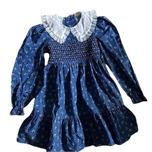 Girls Vintage Polly Flinders Blue Smocked Dress With White Bows Size 5
